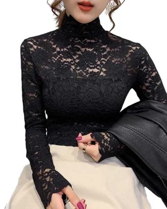 Autumn Women Thin Black Lace T Shirt Quanzhou Zichen Sexy Turtleneck Long Sleeve Slim Lace Crochet Patchwork Tee Tops