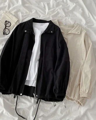 Women Basic Jackets Turn Down Collar Zipper Harajuku Elastic BF Chic Ulzzang Loose Korean Style Cool Streetwear Casual Outerwear