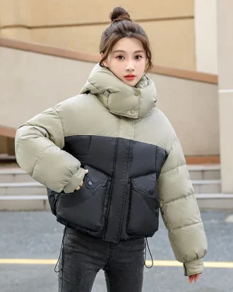 Down Jacket Women Parkas 2025Autumn Winter New Hooded Warm Cotton Padded Coat Female Fashion Contrast Outwear Bread Overcoat Top