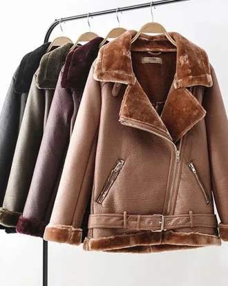 Fur Long Sleeved Loose Belt Warm Women's Jackets Lamb Wool Winter Thickened Locomotive Lapel Female Coat Beige Black Pu Coat