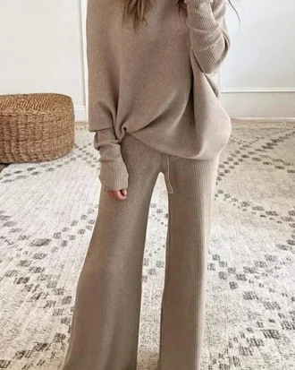 Sweater Set Women Casual Tracksuit Spring Autumn Knitted Suits 2 Piece Set Warm Long Sleeve Sweater Pullovers Wide Legs Pants