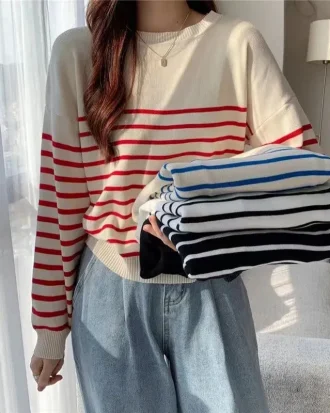 New Women Autumn Winter Clothes Solid Round Neck Sweater Jumper Long-sleeved Stripe Knitted Pullovers Shirt Female Tops