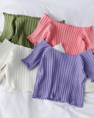 Women Off Shoulder T-shirts Knitted Ruffles Hem Crop Tops Short Sleeve T-shirts for Women 2025 Summer Tops Female