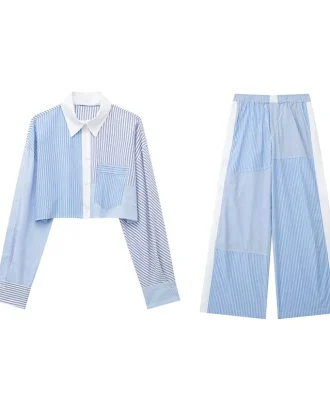 Women's Sets Fashion Patchwork Stripe Short Shirts + Shorts Suit Female Elastic Waist Trousers Woman 2 Piece Set Womens Outifits