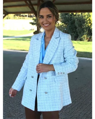 New Casual Women Tweed Blazer Vintage Office Lady Jacket Coat Double Breasted Spring Autumn Outerwear Female Chic Tops