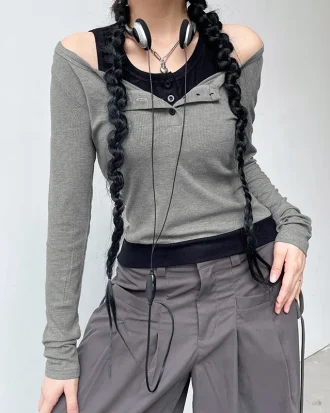 Patchwork Autumn T-shirts Women Casual Streetwear Korean Cute Basic Knit Crop Top Vintage Y2k Tee  Harajuku