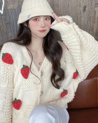 Women Harajuku Strawberry Loose Cardigan Sweater Fall Fashion Long Sleeve Korean Tops Chic Female Preppy Style Y2k Sweater