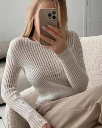Fashion White Elegant Striped See Through Women Tops Outfits Long Sleeve T-Shirts Tees Skinny Club Party Clothes 2025