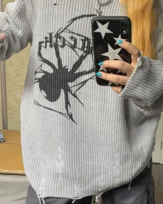 Spider Print Harajuku Thick Sweater Women Gothic Vintage Ripped Grunge Y2k Jumper Streetwear Korean Oversize Hiphop Pullover