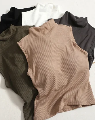 Autumn Women Mock Neck Tank Tops With Bra Pad Casual Crop Tops Screw Thread Sleeveless Camisole for Women Winter