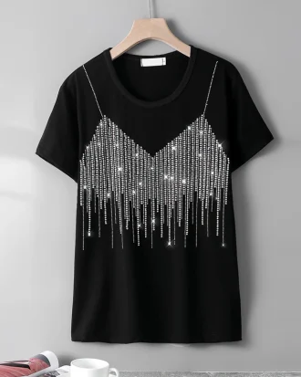 Summer New Fashion Short-sleeve T-shirts Female Personality Sling Pattern Hot Diamonds Loose High Quality Round Neck Women Tops