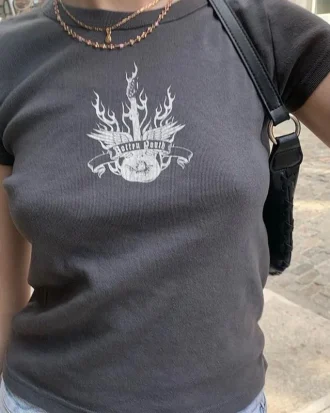 Vintage Graphic Print T Shirt Women Streetwear Round Neck Short Sleeve Slim Cotton Tshirt Tops Femme Summer Casual T-shirts