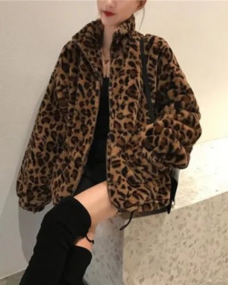 Winter Leopard Print Jacket Women's Stand Collar Warm Parkas Outwear 2025 New Autumn Winter Korean Female Loose Faux Fur Coats
