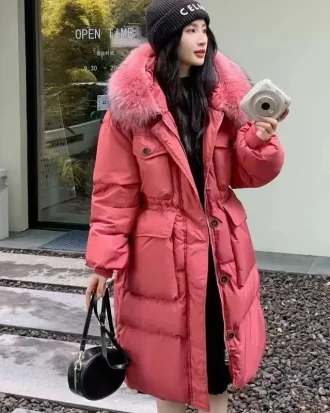 Overcoat 2025 New Fashion Down Jacket Winter Warm Hooded Natural Fur Collar High Quality Temperament Women 90 Down Jacket Y210