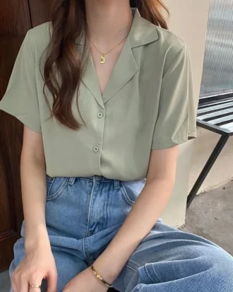 Chiffon Blouse Elegant Light Green Top for Women Short Sleeve Shirt Summer Top Office Blouse for Women Tunic 2025