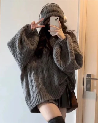 New Retro Solid Color Oversized Sweater Fashion Grey Loose V-Neck Sweater Women Korean Style Casual Simple Pullover