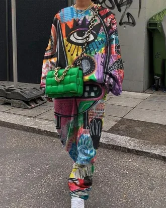 Hip Hop Graffiti Eyes Print Thin Sweatshirt Two Piece Set Women Tracksuit Streetwear Long Sleeve Pencil Pants Streetwear Fashion