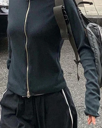 2025 Autumn Black Solid Basic Long Sleeve Y2K Crop Jackets for Women Zip up Stand Collar Slim Casual Sweats Tops Street