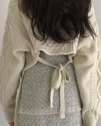 Japanese Sweet Lace up Knit Sweater Women Cute Sexy Back Irregular V-neck Loose Long Sleeve Cropped Sweater Pullover