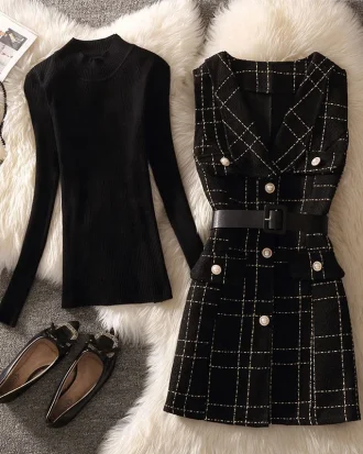 Vintage Mid-Length 75cm Plaid Tweed Vest Jacket Women 2 Piece Set Elegant Pearl Button Belted Unlined Waistcoat and Knit Sweater