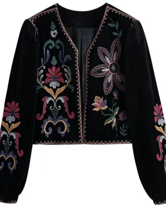 Women Vintage Flower Embroidery National Style Short Coat Ladies Retro Open Stitching Casual Velvet Jacket Tops CT100