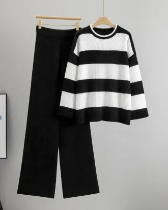 Spring Fall Chic Knitted 2 Piece Sets Korean Striped Sweater Cardigan Tops Conjuntos High Waist Wide Leg Pants Outfit New