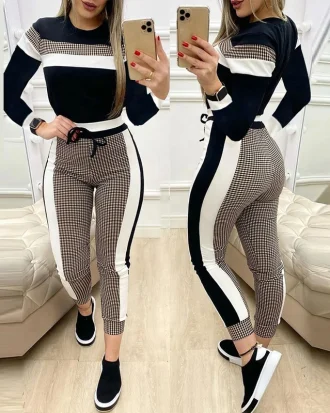 Fashion Women Sets Short Sleeve Tops High Waist Pants 2 Piece Sets Outfits Black Pattern Stitching Long Pants Sets Suit