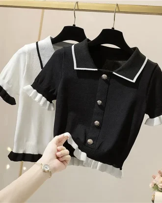Knitting Button Short Tops Tees Patchwork Y2k Shirt Clothing Women Pullovers Jumper Striped Sweater Fungus Blouse for Girls