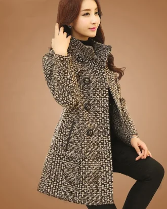 New Women's Wool Blends Coat Winter 2025 Autumn Fashion Elegant Mother Turtleneck Plaid Slim Long Tweed Woolen Outerwear Female