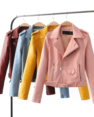 2025 New Spring Autumn Women Blue Faux Leather Jacket Ladies Solid With Belt Zipper Biker Coat Female Casual Outwear Veste