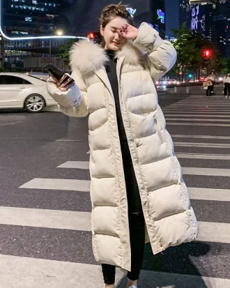 2025 Winter Coat Women Over Knee Loose Hooded Parkas Thick Warm Long Coat Detachable Fur Collar Cotton Padded Jacket  Outwear