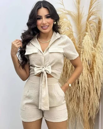 2025 New Fashionable Women's Clothing Spring Summer Short Sleeve Shirt Top Casual Shorts 2-Piece Set