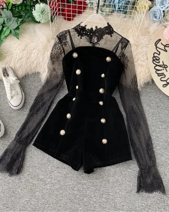 Two Piece Outfits Lace Tulle Pullover Flare Sleeve Shorts Gold Velvet Button Black Sets 2025 Fashion Clothes Female Pants Set