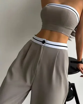 Sexy Women's Tracksuit With Boob Tube Top Slash Neck Contrast Color Wide Leg Trousers Sports Suit for Women Two Piece Set Outfit