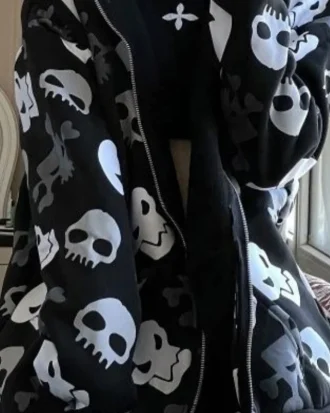Gothic Harajuku Punk Skull Hoodies Women Mall Goth Tops Streetwear Black Long Sleeve Zip up Hooded Sweatshirt 2025 Autumn