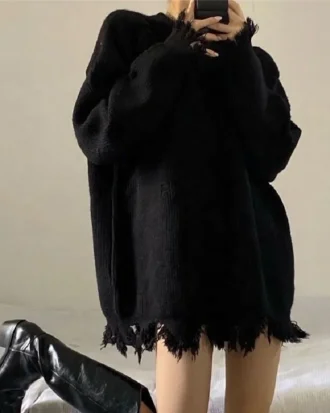 Deeptown Gothic Style Punk Black Knitted Sweater Women Oversize O-neck Goth Grunge Knit Pullover Korean Fashion Long Sleeve Tops