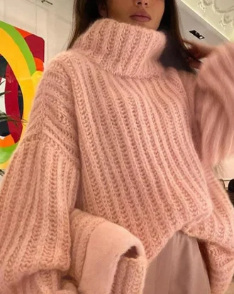 High Neck Crochet Knitted Pullover Women Thicken Solid Oversized Jumper 2025 Autumn Winter Warm Korean Female Elegant Sweaters