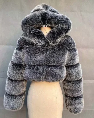 Fashion High Quality Furry Cropped Faux Fur Coats and Jackets Women Fluffy Top Coat With Hooded Winter Fur Jacket Manteau Femme
