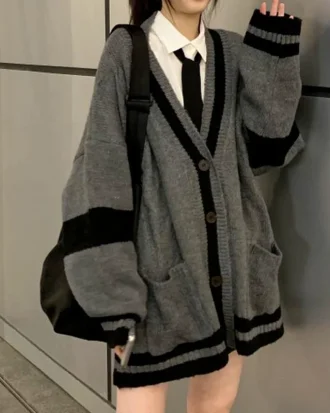 Deeptown Grey Striped Knitted Sweater Cardigan Women Korean Style Harajuku Oversize Jumper Preppy Fashion Female Tops Winter